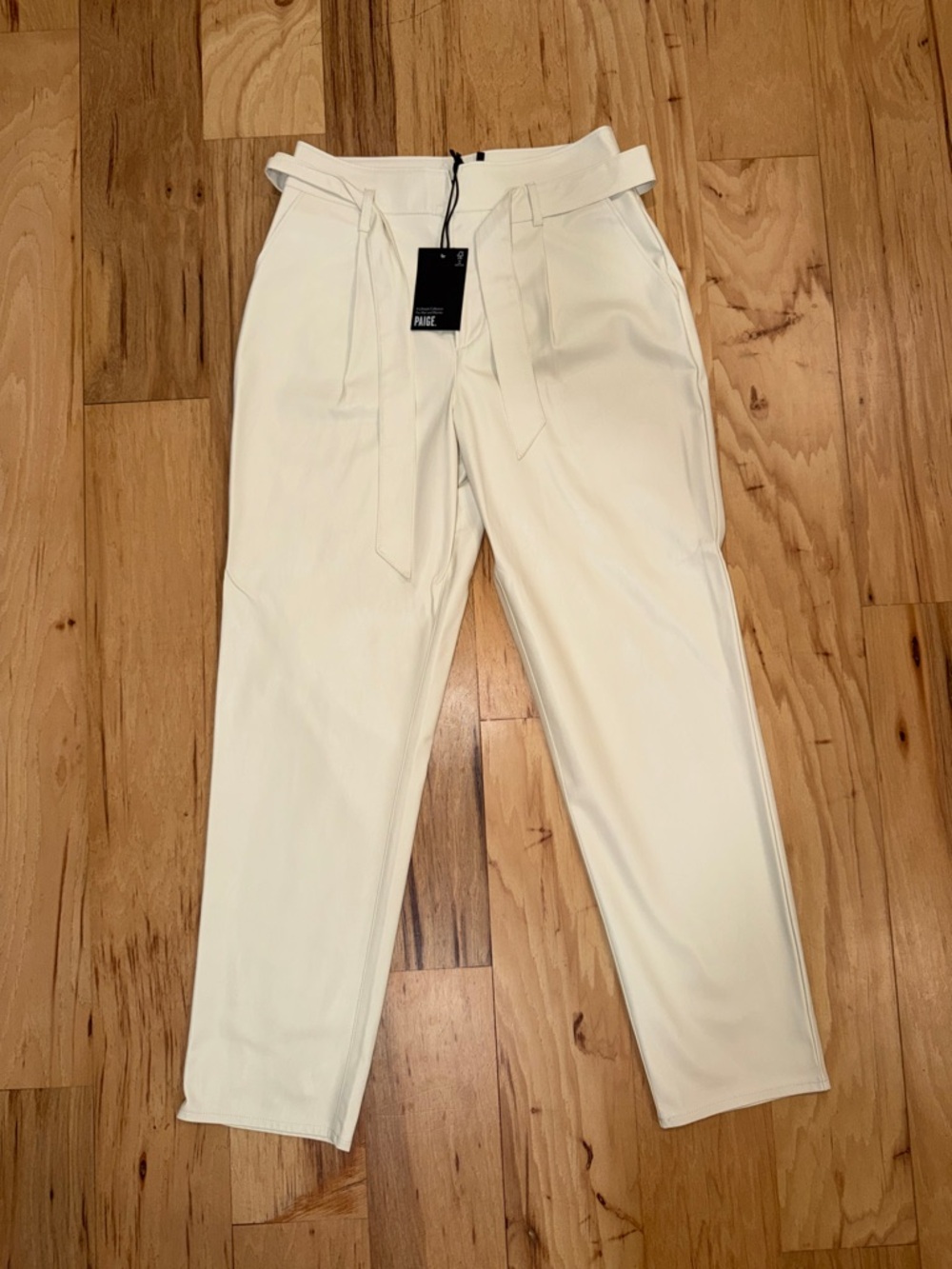 PAIGE leather Cream Paperbag Tie-Waist Tapered Trousers